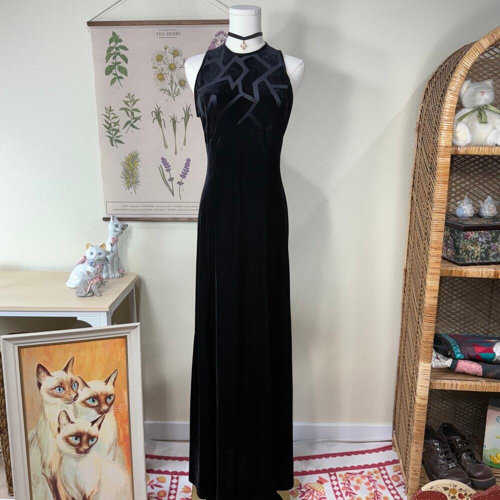 Vintage 90s Y2k Cache Black Velvet Formal Maxi Dress Sexy Romantic Goth Witchy 4